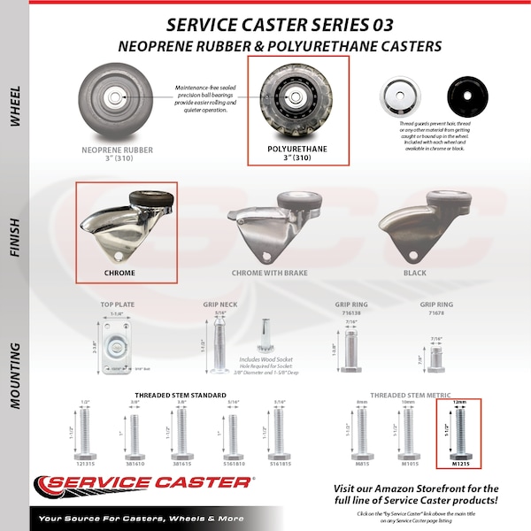 3 Inch Bright Chrome Hooded Polyurethane 12mm Threaded Stem Casters SCC, 5PK